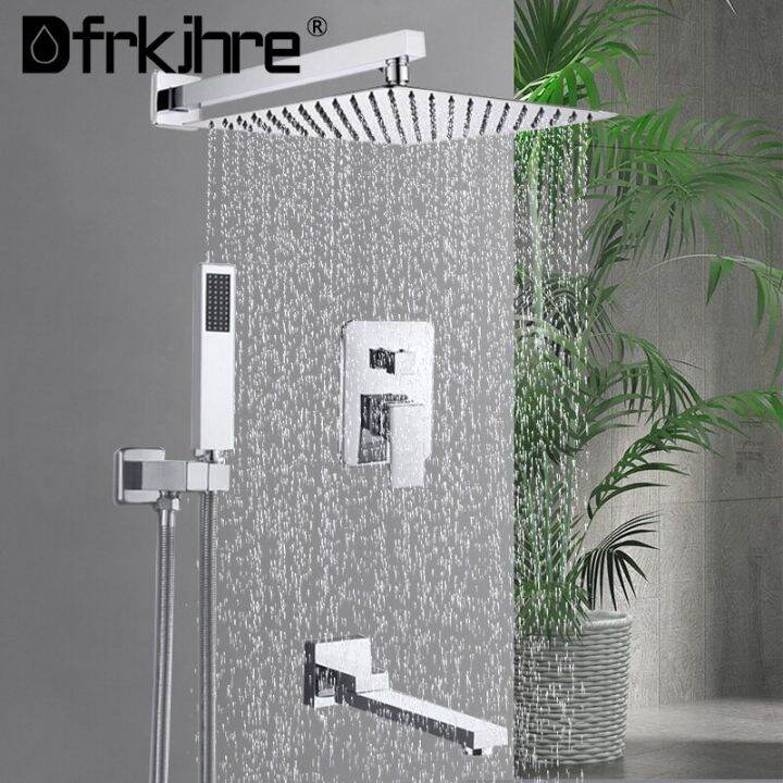 Chrome Concealed Bathroom Rainfall Shower Faucets Set Wall Mount