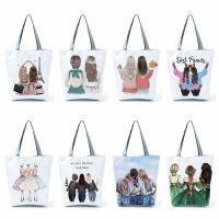 【Lanse store】Cute Cartoon Girlfriends Sisters Print Linen Tote Bag Reusable Shoulder Bags Folding Women Casual Handbags Beautiful Girl Totes