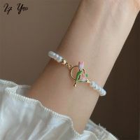 COD SDGREYRTYT AY (CN) Sweet Pink Tulip Bracelet Pearl Beads Bangles For Women Jewelry Accessories