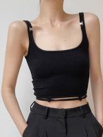 Genuine Uniqlo High-end Sexy black double shoulder strap design camisole for hot girls with square neck and tight-fitting navel-baring back top for summer