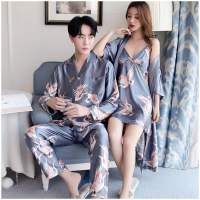 Lovers Ice Silk Men Pajamas 2pcs Fashion Summer Pajamas Set Casual Print Sleepwear Couples Home Clothes Long Sleeve Pyjamas