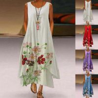 2023 New Fashion Womens Street Casual Flower Print Irregular Hem Dress Summer Loose Beach Dress