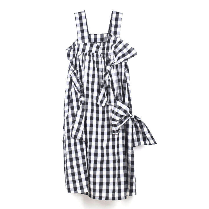 xitao-plaid-dress-casual-sleeveless-bow-tie-dress