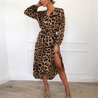 【Ladies shop】 Leopard2019 WomenLong BeachLoose แขนยาวคอวีลึก A Line เซ็กซี่ PartyVestidos De Fiesta