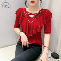 YIMEI เสื้อเต้นรำคอวีปักลูกปัดสำหรับผู้หญิง,เสื้อตาข่ายประดับเพชรเสื้อเสื้อแบบมีระบายแขนสั้นทรงสลิมสำหรับใส่ฤดูร้อน2023