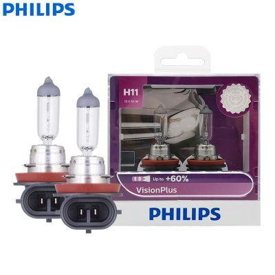 Lampu ATAN Depan Mobil Asli Philips H11 12V 55W PGJ19-2 Visionplus 3250K Terang Hingga 60% 12362VPS2ฮาโลเจนของ2X