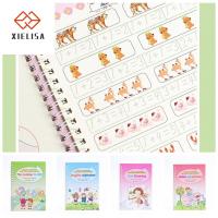 XIELISA 4pcs/set เด็กเขียนด้วยลายมือ สมุดลอกแบบฝึกร่องมายากล ตัวหนังสือมหัศจรรย์ ใช้ซ้ำได้ การเขียนหนังสือออกกำลังกาย หนาขึ้น ตัวเลขสำหรับรถยนต์ ตัวหนังสือเขียนพู่กัน โรงเรียนประถมศึกษาตอนต้น