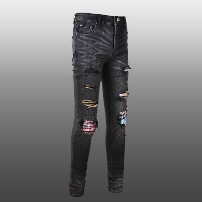 Sp กางเกงยีนส์แบบปะสีดำ S 2023หลุมแบบบางฮิปฮอปฉีกกางเกงขายาวกางเกงยีนส์แบรนด์สี