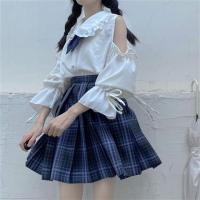 Single/fashion jk uniform lattice skirt suit female summer new style strapless chiffon shirt pleated short skirt two-piece suit [shipped within 7 days]