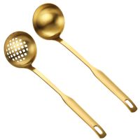 Gold Soup Ladle Colander Set, Long Handle Stainless Steel Kitchenware Cookware Serving Spoon, for Cooking Utensil(2 PCS)