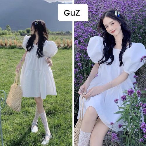 Đầm trắng babydoll cổ vuông dáng ngắn tay bồng thời trang phong ...