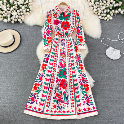 Gorgeous Bohemian Resort Style A-line Dress Retro Palace Style Lapel Slim Print Large Swing Long Skirt 2022 New