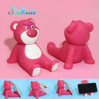 Sizkuu Lotso ที่ตั้งโทรศัพท์รูปหมีสตรอเบอร์รี่ที่จับโทรศัพท์มือถือหมีสตรอเบอรี่ตุ๊กตาขยับแขนขาได้ของตกแต่งเดสก์ท็อปสีชมพู