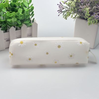 №☊ Flower Daisy Silica Gel Black Pencil Bag School PencilCases for Girls Student Stationery Pouch Cute Pencil Case Office Supplies