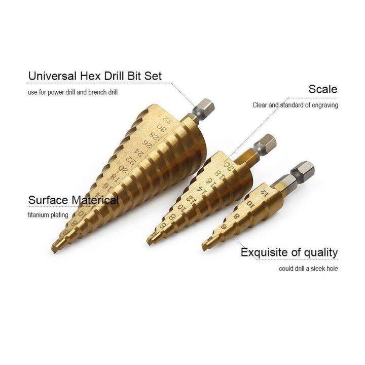 สุดคุ้ม-3pc-hss-step-cone-taper-หัวเจาะชุดที่เจาะรู-ดอกสว่าน-4-32-4-20-4-12-ไทเทเนียมเคลือบด้วยโลหะhex-taper-ราคาถูก-ดอก-สว่าน-เจาะ-ปูน-ดอก-สว่าน-เจาะ-เหล็ก-ดอก-สว่าน-เจาะ-ไม้-ดอก-สว่าน-เจาะ-กระเบื้อง