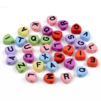 200 pc Opaque Acrylic Enamel Beads Horizontal Hole Heart with Mixed Black Letters Light Sky Blue 7x7x4mm Hole: 1.5mm