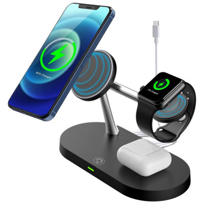 Magnetic Wireless Charger 5 in 1 Charger Station, Fast Charging Dock Stand with LED Night Light Compatible For Magsafe 13