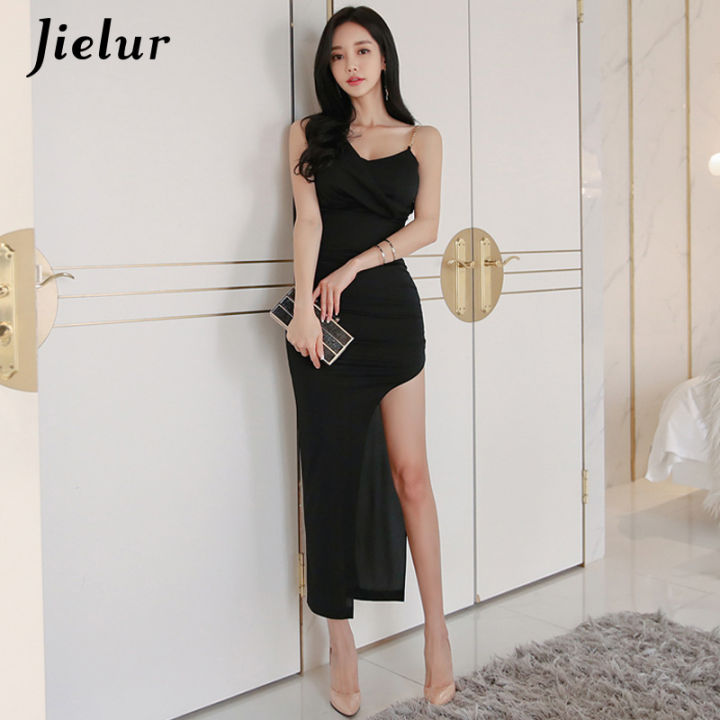 2021jielur-split-sexy-dress-woman-vintage-v-neck-spaghetti-strap-black-ladies-dresses-kpop-simple-chic-fashion-summer-robe-femme