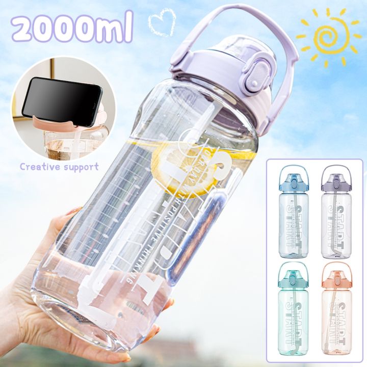 2 Liter Water Bottle With Straw Female Girls Large Portable Travel Bottles  Sport -t