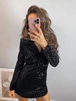 ZZOOI Woman Fashion Glitter Black Sequin Mini Dress Female Elegant V Neck Long Sleeve Cocktail Dresses 2022 Lady Evening Party Dresses