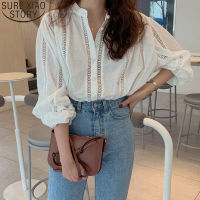 Chic Hollow Out Chiffon Shirt Women Button Up White Blouse Ladies Loose Tops 2022 New Puff Sleeve Korean Fashion Clothing 15400