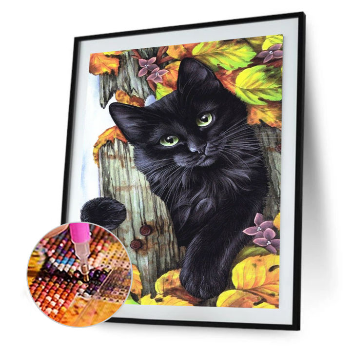 แฮนด์เมด-diy-เจาะเต็มรอบภาพวาดเพชร5d-ชุดโปสเตอร์แมวสีดำ