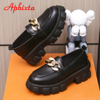 Aphixta Loafers Flat With Platform Shoes Women Flats Bling Patent Black Chunky Sole Gold Chain Non-slip Students Shoe