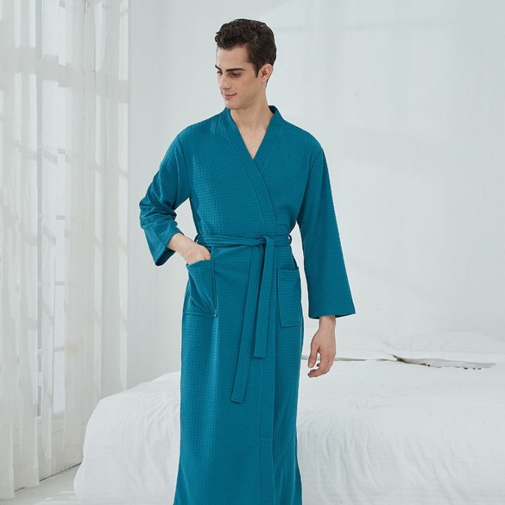 xiaoli-clothing-วาฟเฟิลคู่เสื้อคลุมอาบน้ำฤดูใบไม้ผลิผู้หญิง-dressing-gown-สามไตรมาสผ้าฝ้าย-kimono-solid-robe-กับกระเป๋าเข่าความยาว-robes