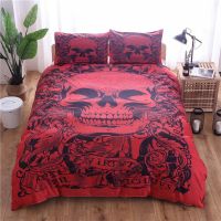 Halloween Bedding Set for Double Bed Red Skull Printed Duvet Cover Set for Adults US King Comforter Quilt Cover with Pillowcase