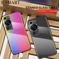 เคสมือถือสำหรับ Huawei P60 Pro ฝาหลังกระจกเทมเปอร์โครงสร้างคาร์บอนไฟเบอร์ดีไซน์สิ่งทอแบบมีสีสันเพล็กซี่กลาสสองชั้นบางพิเศษทนทานต่อรอยขีดข่วนสำหรับ Huawei P60เคสใส่โทรศัพท์