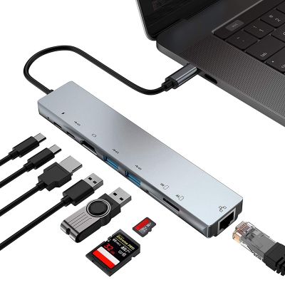 USB C Hub 8 in 1 Multiport Type C Adapter with 4K Port, Ethernet 1000Mbps RJ45 Port, USB-C Power Delivery, TF/SD Card Reader, Compatible for PC Computer