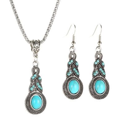 3pcs Necklace Earrings Set For Men And Women Vintage Style Blue Crystal Inlaid Turquoise Pendant With Lantern Chain Jewelry Headbands