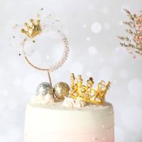 Pearl Crown Cake Topper Iron Garland Happy Birthday Prince Princess Theme Wedding Cake Toppers Decoration Favors Party Supplies