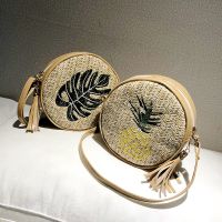 --238812Womens bag✻ The new 2023 pineapple embroidered round bag contracted one shoulder aslant straw handbag tassel bag