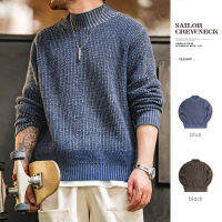 Maden เส้นด้ายคู่ R Sailor Crewneck เสื้อกันหนาว Variegated Design ผู้ชาย Basic Thicken Pullover ฤดูหนาวฤดูใบไม้ร่วงสวม Mock คอ