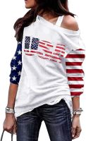 Women‘s American Flag Red White Blue Stars Stripes Pattern off the Shoulder Printed USA Sweatshirt(WUA,XXL)