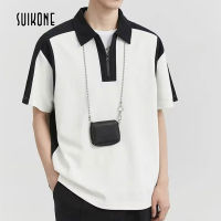 Suikone เสื้อโปโลแขนสั้นมีซิปสีตัดกันลำลองสำหรับเสื้อยืดลาเพล