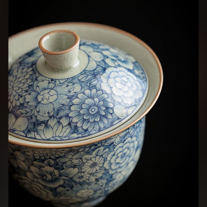 ดอกไม้โบราณเซรามิคเปิด-gaiwan-สำหรับชาสีฟ้า-tureen-teaware-ชุดชาจีนชาม-chawan-lily-deng-s-store-ถ้วยชา