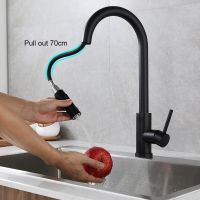 Sensor Kitchen Faucet Cold and Hot Pull Out Two Function Deck Mounted Smart Sink Tap Black Battery Powered Touch