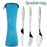 3pcs Set Dinnerware Portable Printed Stainless Steel Spoon Fork Steak Knife Set Travel Cutlery Tableware with Bag Flatware Sets