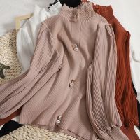 COD dhdfxcz Korea Women Fashion High Collar Long Sleeve Shirt Pleated Slim Knitting Blouse