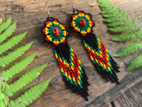 Kalindi BEADED EARRINGS FLOWERS WITH SKULL STYLE HUICHOL ต่างหูลูกปัดรูปหัวกระโหลกสไตล์ HUICHOL