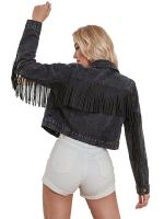 ZZOOI Fitaylor New Women Cropped Denim Jacket Long Sleeve Distressed Fringe Jean Coat