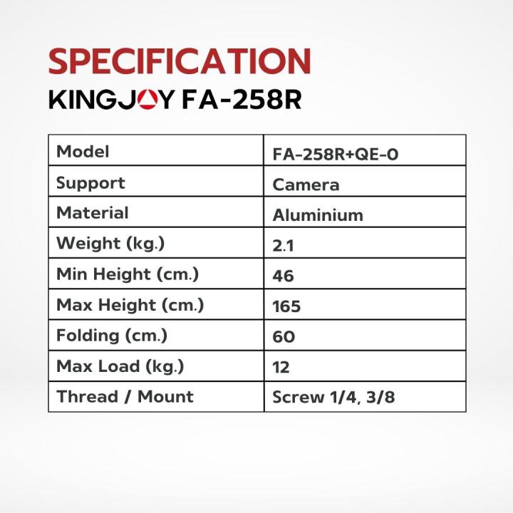 ขาตั้งกล้อง-kingjoy-fa-258r-tripod-camera-professional-4-section-ขาตั้งถ่ายวีดีโอ-ขาตั้งอลูมิเนียม-คุณภาพสูง-รับน้ำหนักสูงสุดได้-12-กิโลกรัม