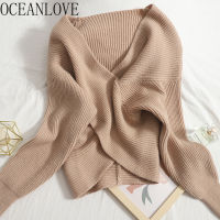 OCEANLOVE Autumn 2021 Sweaters for Women V-neck Cross Knitted Cropped Pullovers Tops Mujer Pull Femme Korean Vintage Jumper