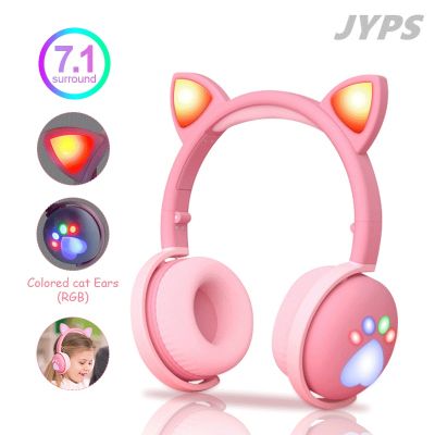 Cute Cat Girls Wireless Headphone With Mic, 7.1 Stereo LED Kids Children Bluetooth Headsets Cell Phone Gamer Music Earphone Gift