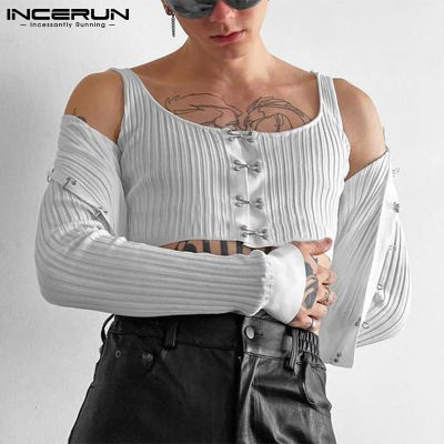 INCERUN เสื้อกั๊กสไตล์พังก์สำหรับผู้ชาย,เสื้อแขนกุดแบบถักใส่พอดีตัวเสื้อยืดค็อกเทลสำหรับงานเลี้ยงสไตล์ตะวันตก