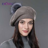 ENJOYFUR Women beret hat female winter knitted wool beret natural raccoon fox fur pompom hat solid color top quality beret cap
