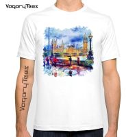 Europe Famous City Landmark Cool T Shirt Men Summer New White Homme Cool Geek Tshirt London Rain Watercolor Print Men T-Shirt