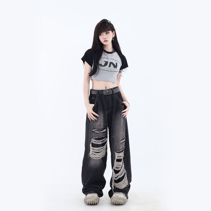 cc-hole-jeans-bf-waist-hip-hop-loose-wide-leg-pants-korean-straight-denim-new